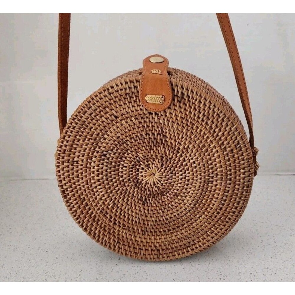 Made In Bali Rattan Crossbody Bag 8" Round Woven Basket Purse Boho Handbag